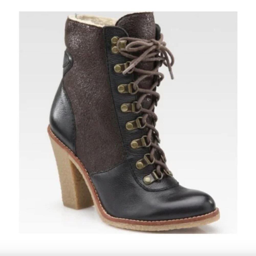 Sam Edelman Tara High Heeled Ankle Boots Leather Shearling Lined Brown Black 7.5 - Picture 8 of 8